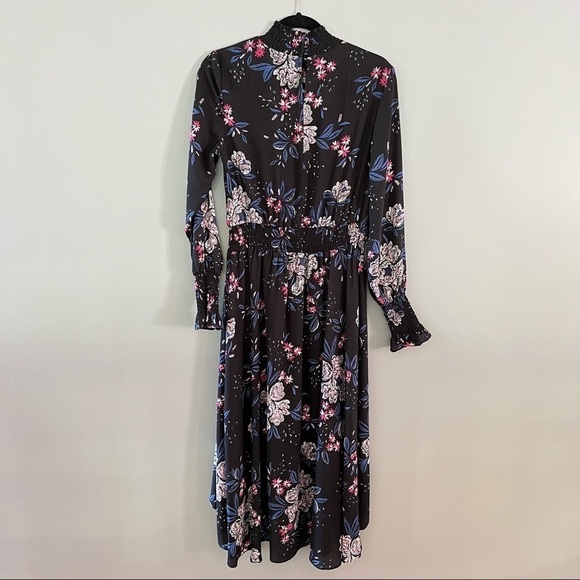 NANETTE LEPORE Black Mystic Blue Floral Smocked Mock Neck Chiffon High-Low Dress - Picture 3 of 16